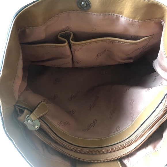 Fossil Marley Double Handle Shoulder Bag Shopper Yellow Canvas Leather 14X11 - Picture 3 of 14